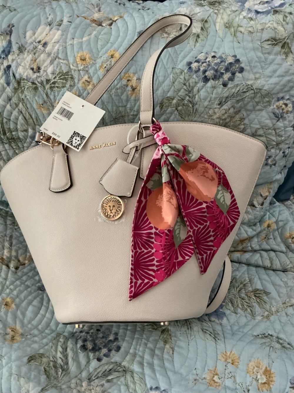 Anne Klein Cream Satchel with Pink Floral Scarf Accent